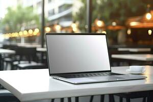 brincar imagem do uma computador portátil com em branco tela em de madeira mesa dentro moderno café fazer compras. generativo ai foto