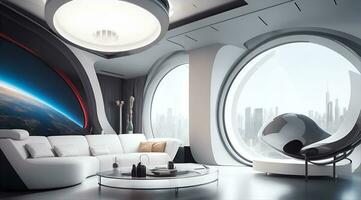 futurista Alto tecnologia luxo cyberpunk sci fi vivo quarto moderno interior quarto, ai generativo foto