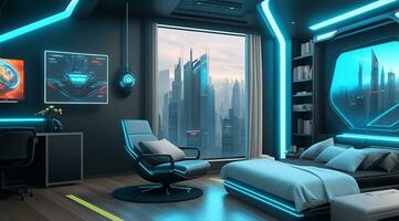 futurista Alto tecnologia luxo cyberpunk sci fi vivo quarto moderno interior quarto, ai generativo foto