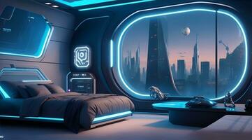 futurista Alto tecnologia luxo cyberpunk sci fi vivo quarto moderno interior quarto, ai generativo foto