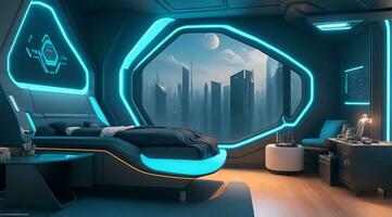 futurista Alto tecnologia luxo cyberpunk sci fi vivo quarto moderno interior quarto, ai generativo foto