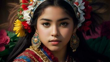lindo hispânico herança garota, a comemorar cultura mulher tradicional vestir com inventar, ai generativo foto