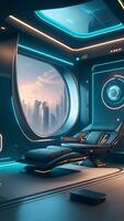 futurista Alto tecnologia luxo cyberpunk sci fi vivo quarto moderno interior quarto, ai generativo foto