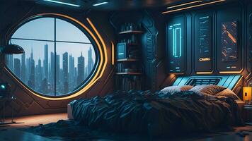 futurista Alto tecnologia luxo cyberpunk sci fi vivo quarto moderno interior quarto, ai generativo foto