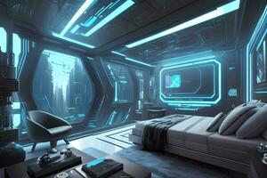 futurista Alto tecnologia luxo cyberpunk sci fi vivo quarto moderno interior quarto, ai generativo foto