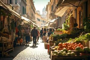 uma foto do uma movimentado rua mercado dentro Roma ai generativo