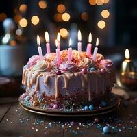 ai generativo aniversário bolo com velas em borrão fundo Rosa eles foto