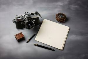topo Visão do vintage Câmera caderno e papelaria em cinzento fundo ai gerado foto