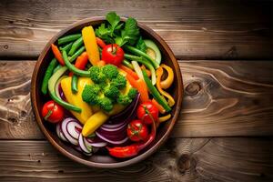 vegetal salada dentro Preto tigela em de madeira fundo topo visualizar. ai gerado foto