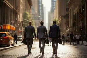 traseiro Visão do três empresários caminhando em a rua dentro ocupado cidade ai gerado foto