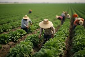 agricultor trabalhando em uma vegetal campo dentro a manhã. conceito do agricultura. ai gerado foto