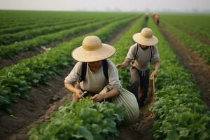 agricultor trabalhando em uma vegetal campo dentro a manhã. conceito do agricultura. ai gerado foto