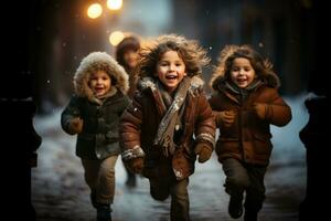 crianças jogando e assistindo neve em Natal véspera foto