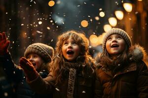 crianças jogando e assistindo neve em Natal véspera foto