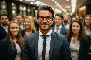 grupo potrait do diverso colegas de trabalho com borrado escritório fundo ai gerado foto