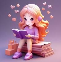 3d mulher usando livro, mundo alunos dia imagens, ai generativo foto