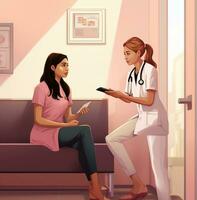 fêmea médico dando uma tábua para menina paciente dentro a esperando sala, médico estoque imagens, ai generativo foto