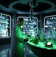 uma grandes tiro do uma cientista dentro uma branco casaco em pé dentro uma laboratório, médico estoque imagens, ai generativo foto