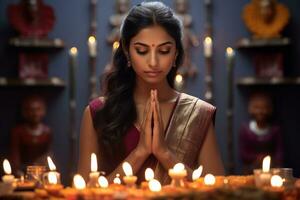 uma cenário do uma mulher trabalhando às uma companhia Rezar para Deus durante a diwali festival, ai generativo foto