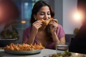cenário do uma mulher comendo uma samos, ai generativo foto