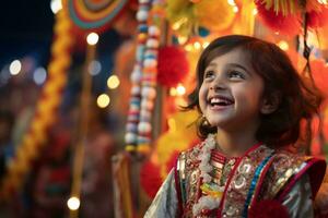 uma cenário do uma jovem indiano menina vestindo tradicional indiano roupas sorridente dentro frente do uma decorado puja pandal às noite, ai generativo foto