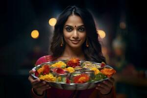 foto do a indiano mulher segurando uma puja thali com uma diya e calêndula flores, ai generativo