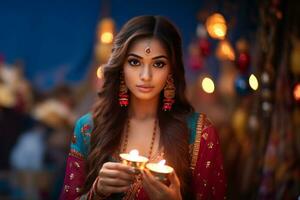 uma foto do uma jovem indiano mulher dentro tradicional roupas segurando uma aceso óleo luminária a fundo é decorado para uma festival, ai generativo