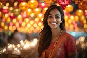 uma cenário do uma mulher sorridente enquanto em pé às uma diwali festival, ai generativo foto