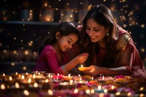 uma cenário do uma mãe e dela criança colocando Fora diya luzes em Diwali, ai generativo foto