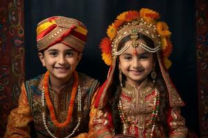 uma cenário do uma irmão e irmã dentro tradicional roupas a comemorar a bhai dooj festival, ai generativo foto