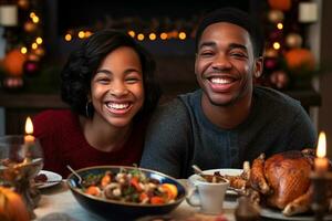 uma foto do a africano americano mãe e filho sorridente às cada de outros durante Ação de graças jantar, ai generativo