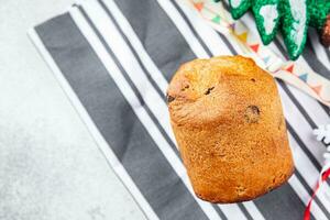 Panettone Natal cozimento doce pastelaria seco frutas chocolate Natal doce sobremesa feriado tratar Novo ano celebração refeição Comida lanche em a mesa cópia de espaço Comida fundo rústico topo Visão foto