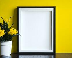 branco em branco quadro, Armação brincar em amarelo parede e flor ai gerar foto