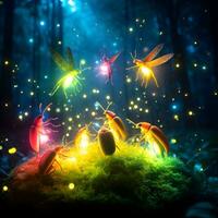 encantador noturno sinfonia, uma surreal balé do vaga-lume besouros iluminador a cosmos com uma caleidoscópio do matizes. ai gerado foto