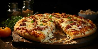 pizza com alongamento queijo em uma de madeira mesa em uma Preto fundo foto