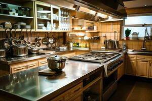 dentro limpar \ limpo cozinha do uma moderno restaurante ou mini cafeteria com cozinhando utensílios e pequeno Barra contador conceito de ai gerado foto