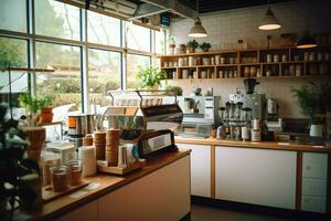 dentro limpar \ limpo cozinha do uma moderno restaurante ou mini cafeteria com cozinhando utensílios e pequeno Barra contador conceito de ai gerado foto