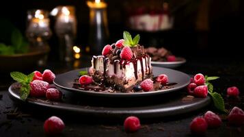indulgente gourmet chocolate bolo de queijo com fresco framboesa ai generativo foto