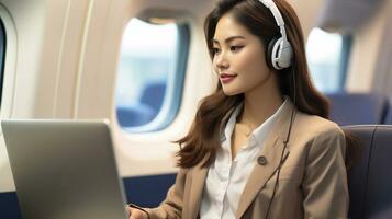 o negócio mulher trabalhando em computador portátil e ouvindo para música de fone de ouvido dentro avião generativo ai foto