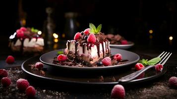 indulgente gourmet chocolate bolo de queijo com fresco framboesa ai generativo foto