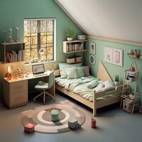 uma imagem do 3d render do crianças quarto interior com mobília e brinquedos. generativo ai foto