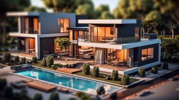3d Renderização do moderno acolhedor casa com piscina e estacionamento para venda ou renda dentro luxuoso estilo. generativo ai foto