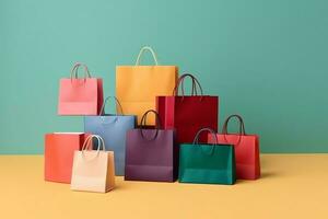 composição do compras dia conceito com compras bolsas, papel bolsas e cópia de espaço. compras dias conceito de ai gerado foto