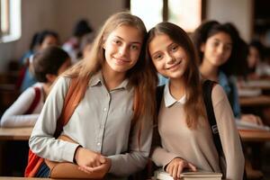 uma cenário do Educação, Alto escola e pessoas conceito grupo do feliz alunos ou colegas de classe com livros dentro biblioteca generativo ai foto