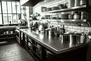 dentro limpar \ limpo cozinha do uma moderno restaurante ou mini cafeteria com cozinhando utensílios e pequeno Barra contador conceito de ai gerado foto