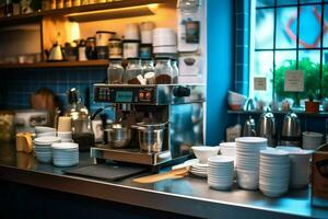 dentro limpar \ limpo cozinha do uma moderno restaurante ou mini cafeteria com cozinhando utensílios e pequeno Barra contador conceito de ai gerado foto