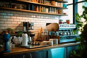 dentro limpar \ limpo cozinha do uma moderno restaurante ou mini cafeteria com cozinhando utensílios e pequeno Barra contador conceito de ai gerado foto