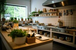 dentro limpar \ limpo cozinha do uma moderno restaurante ou mini cafeteria com cozinhando utensílios e pequeno Barra contador conceito de ai gerado foto