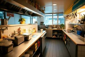 dentro limpar \ limpo cozinha do uma moderno restaurante ou mini cafeteria com cozinhando utensílios e pequeno Barra contador conceito de ai gerado foto