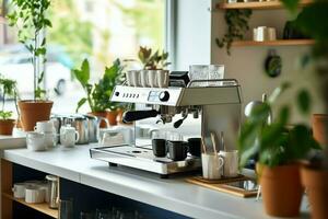 dentro limpar \ limpo cozinha do uma moderno restaurante ou mini cafeteria com cozinhando utensílios e pequeno Barra contador conceito de ai gerado foto